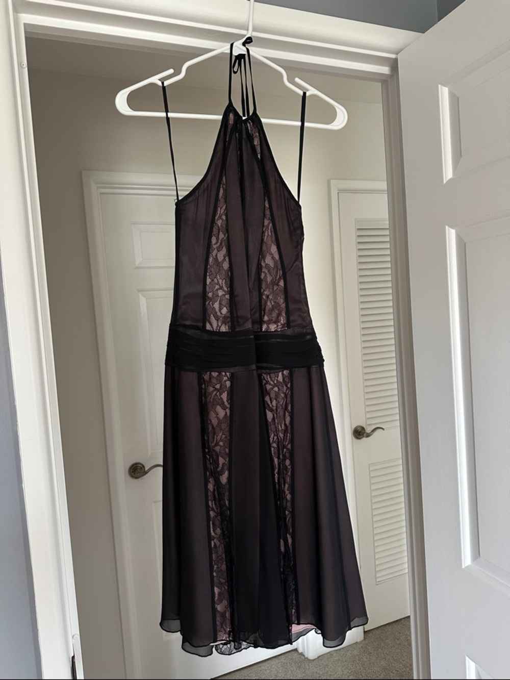 BCBGMaxAzria Black and Dark Plum Backless Lace-Panel Halter Dress